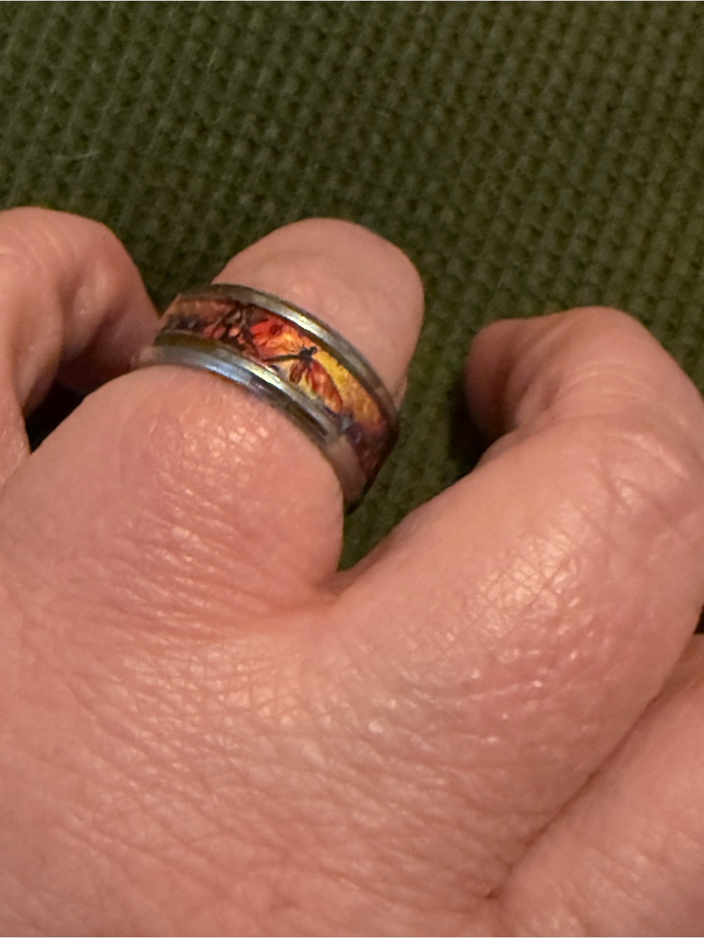 Autumn Leaf Dragonfly Inlay Stainless Steel Band Ring - Orange